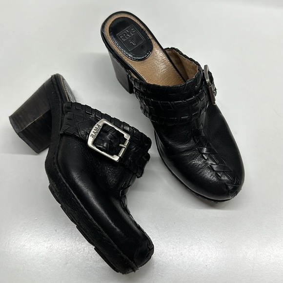 Frye Candy Lace Mules Clogs Shoes High Heeled Slip On Leather Buckle Black 8 - Picture 1 of 10